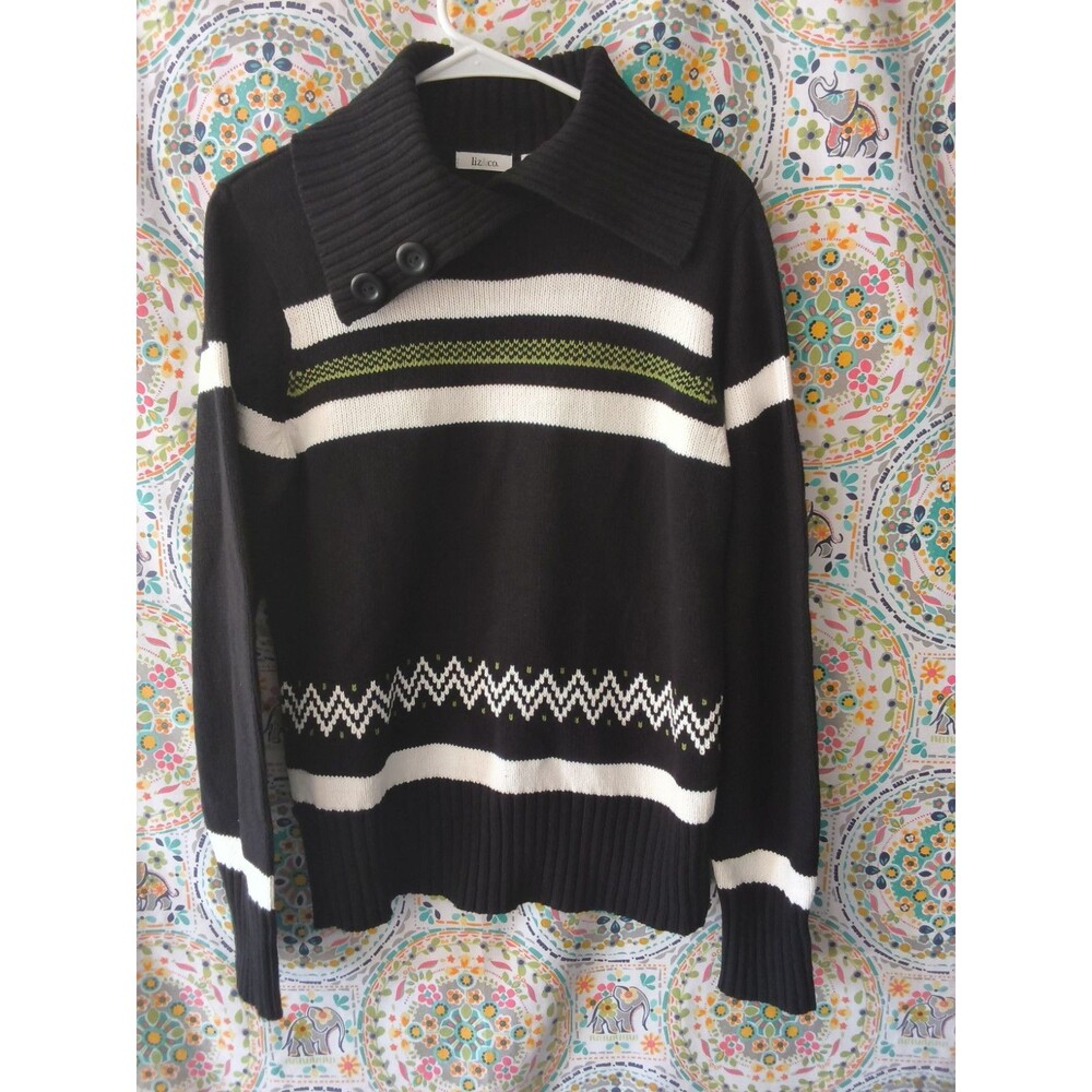 Liz & Co Fair Isle Sweater Women's XL Black White Green Knit Cotton Blend